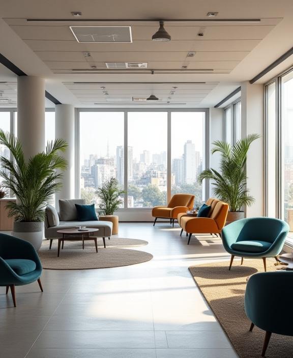 Interior de la moderna oficina de Cielo Talento en Madrid, mostrando un espacio de trabajo colaborativo.