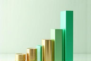 Gráficos de barras y monedas apiladas simbolizando compensación y beneficios.